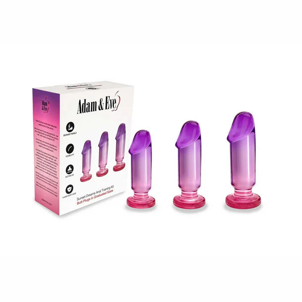 Set of purple and pink silicone anal plugs with packaging labeled 'Adam & Eve' on a white background.