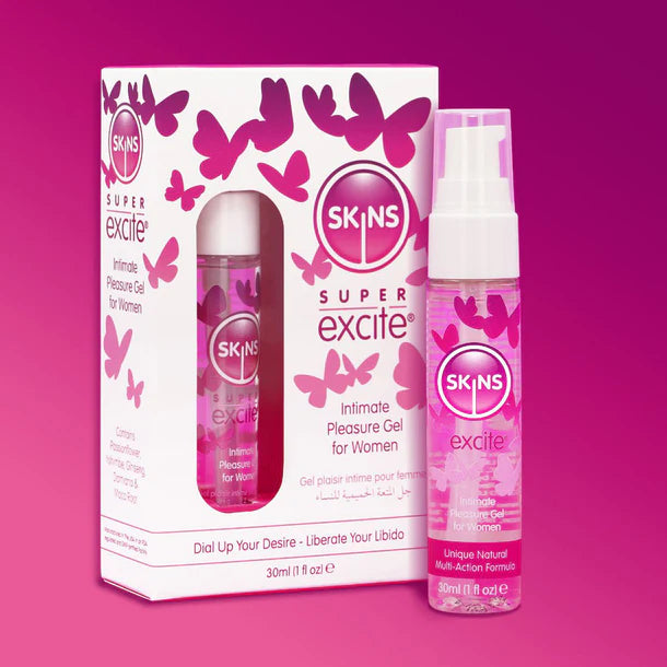 clear & pink 30ml pump bottle of supre exite skins clitoral gel 