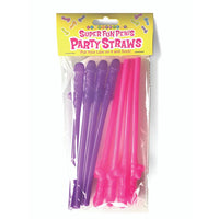 Packaged pink and purple pecker party straws with a humorous label on a white background