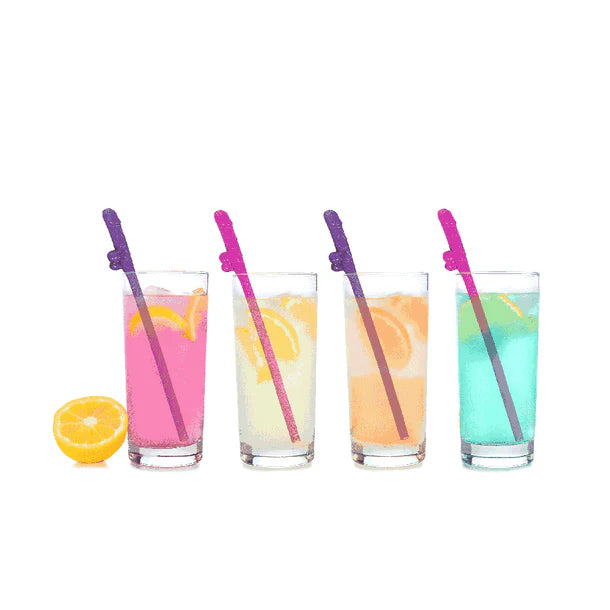 Four glasses with colorful drinks and penis straws on a white background