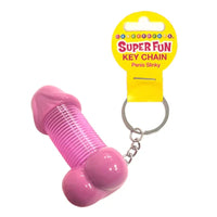 Super Fun Penis Slinky Keychain by Little Genie featuring a pink novelty penis-shaped slinky with metal keyring.