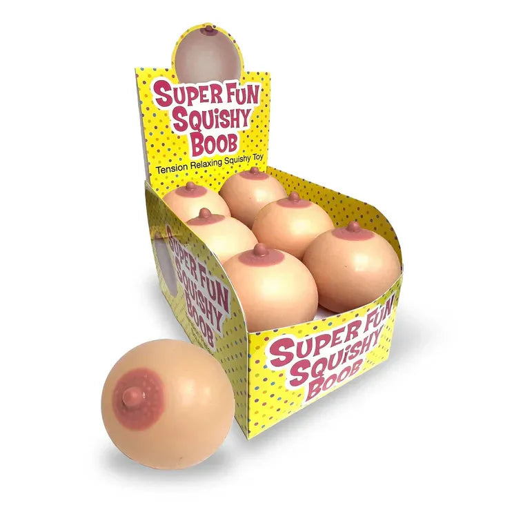 Box of 'Super Fun Squishy Boob' toys with packaging on a white background