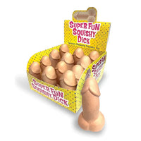 Display box of 'Super Fun Squishy Dick' toys with a single toy outside the box.