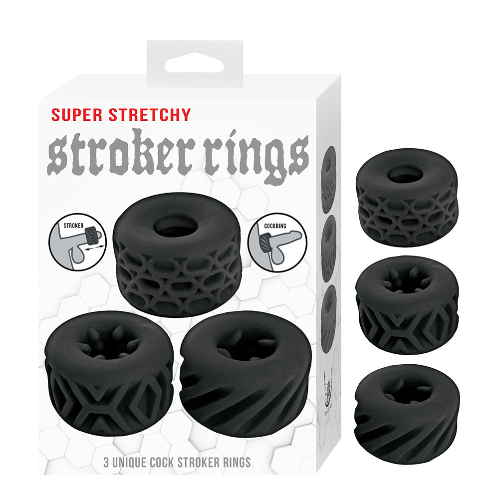 NassToys Super Stretchy Stroker Rings featuring three soft, flexible textured rings that can be used as cock rings or open-ended strokers