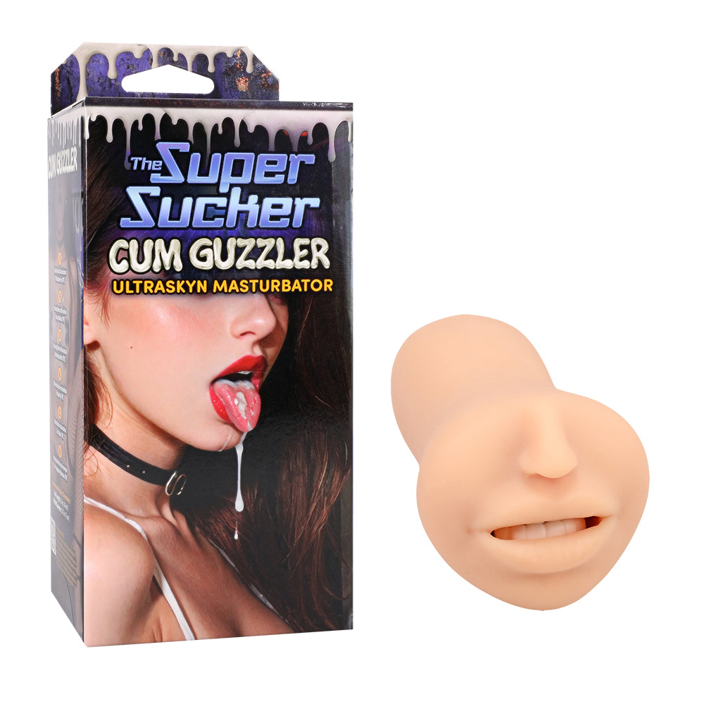 Super Sucker Cum Guzzler masturbator packaging with product on a white background
