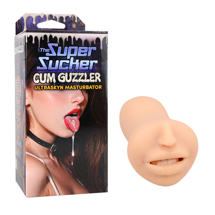 Super Sucker Cum Guzzler masturbator packaging with product on a white background