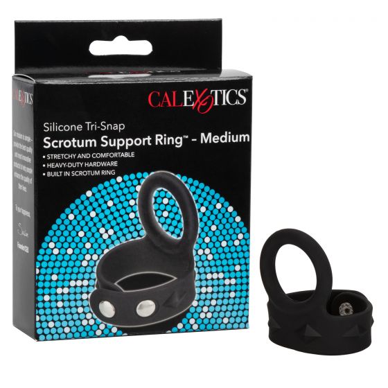black silicone tri snap cock ring with scrotum support ring next to cal exotics pakcage