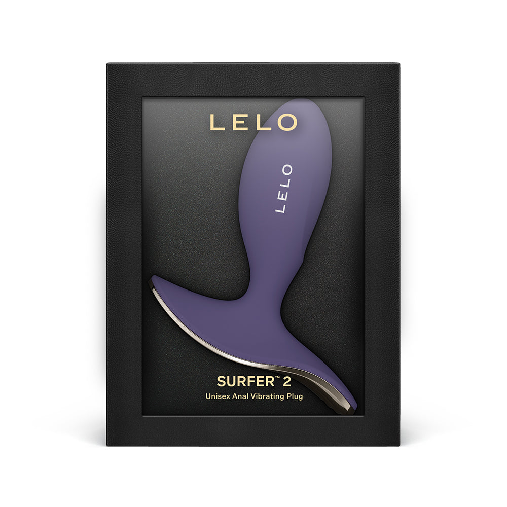 Purple 'LELO Surfer 2' unisex anal vibrating plug in a black box on a white background