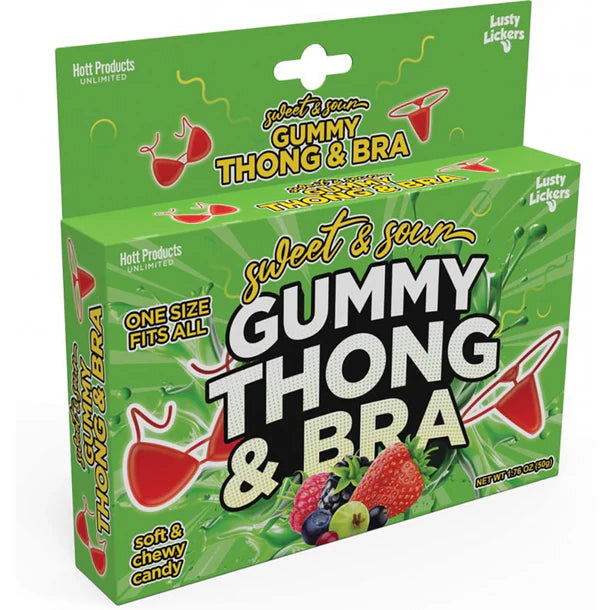 Packaging of Lusty Lickers sweet & sour gummy thong and bra candy on a white background
