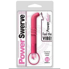 long slim pink g-spot vibrator with three ridges on the shaft and a pull ring at the base, shown inside its plastic packaging