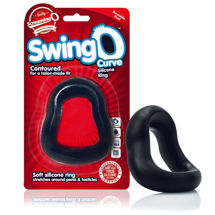 black silicone curved cock ring next to screaming o package