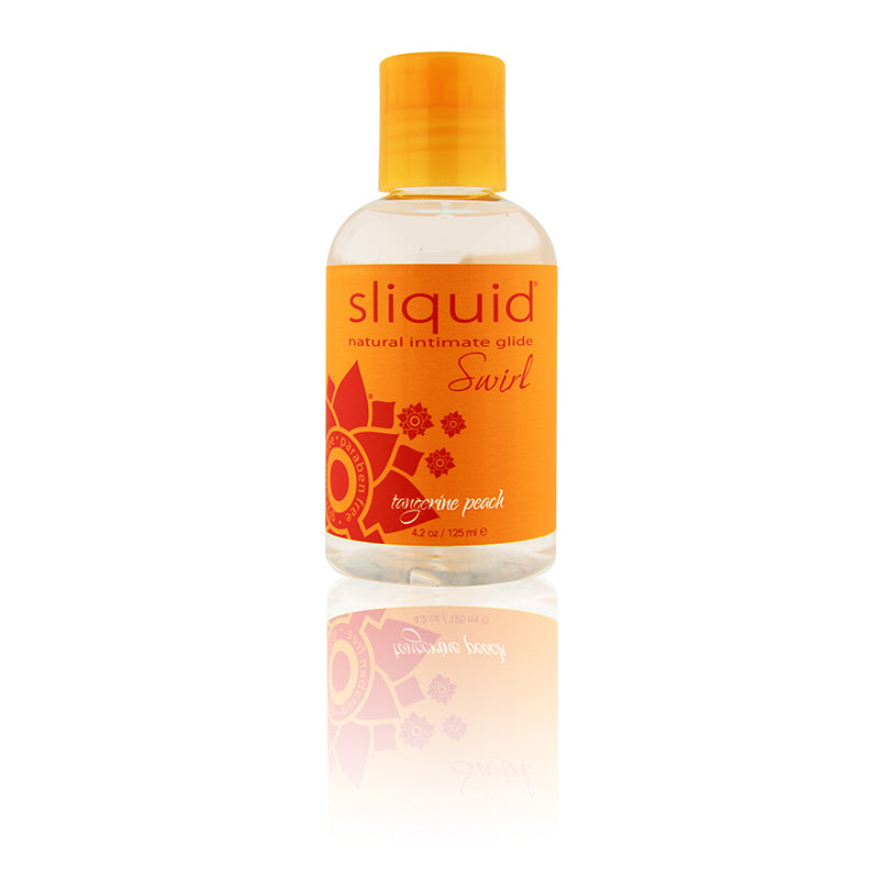 tangerine peach flavored lubricant in 4oz clear bottle with orange label