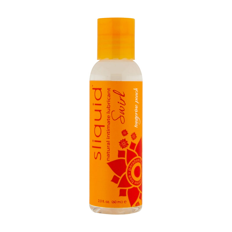 tangerine peach flavored lube in 2oz clear bottle with orange label