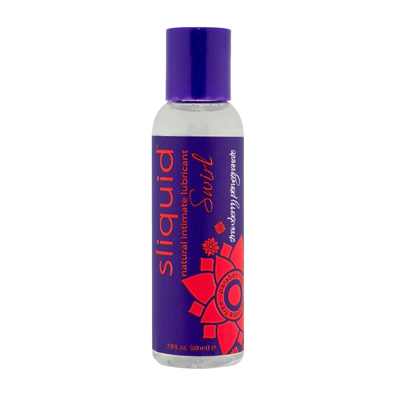 strawberry pomegranate flavored lubricant in 2oz clear bottle with purple label