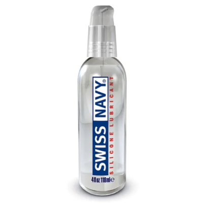 Swiss Navy silicone lubricant bottle on a white background