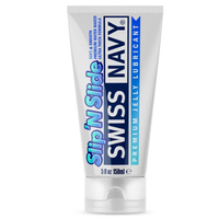 Tube of Swiss Navy Slip 'N Slide premium jelly lubricant on a white background