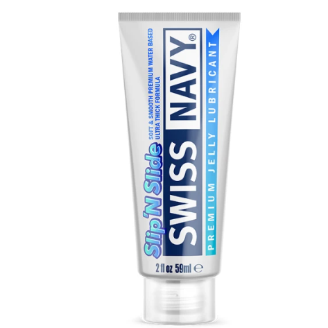 Tube of Swiss Navy slip 'n slide lubricant on a white background