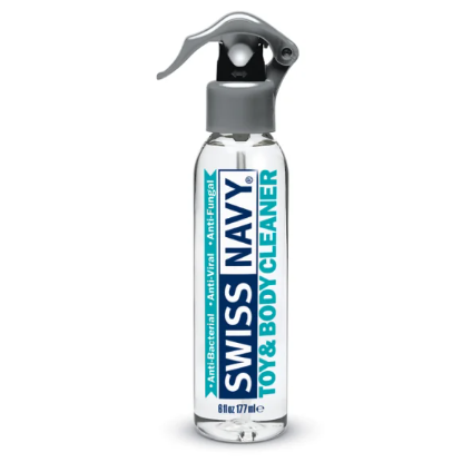 Spray bottle labeled 'Swiss Navy Toy & Body Cleaner' on a white background