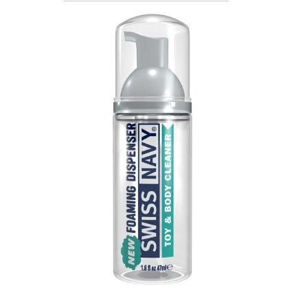 Swiss Navy toy and body cleaner foam dispenser on a white background