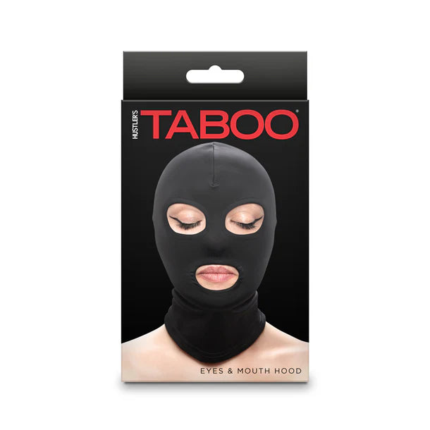 black hood with open eyes and mouth on box cover