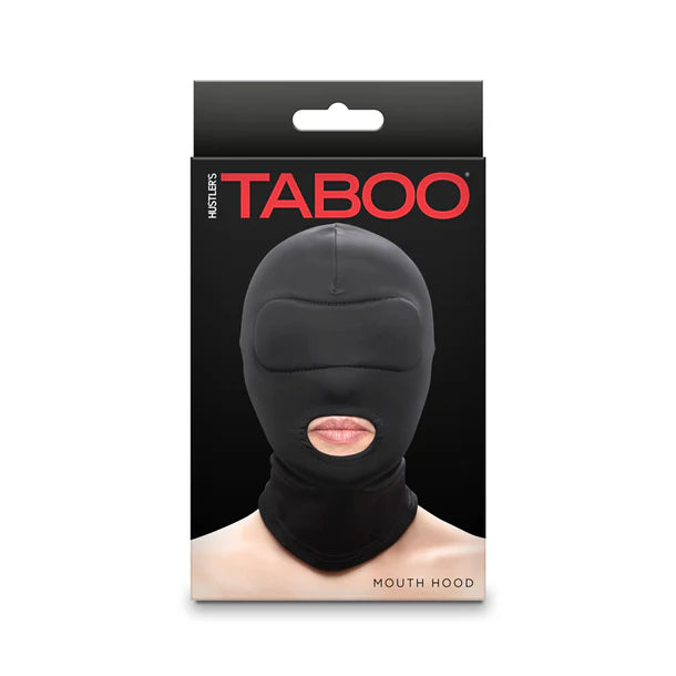 black hood with mouth opening on box cover