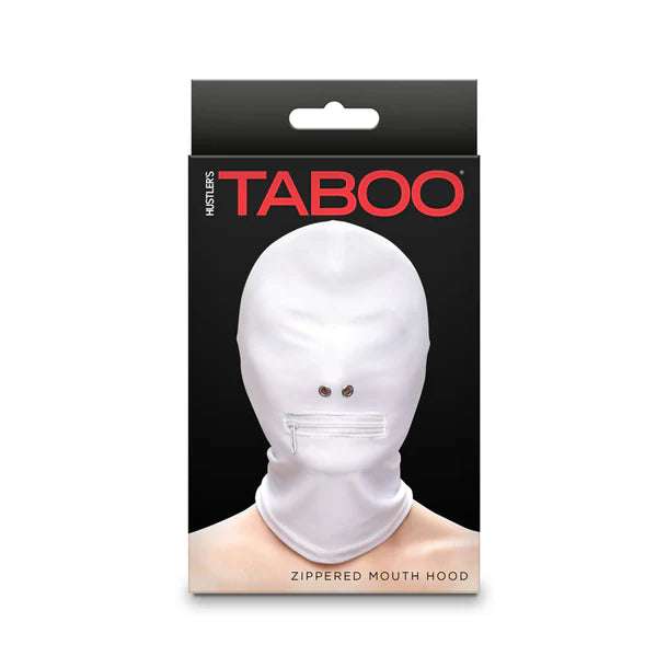 white hood with nose holes and zipper mouth on box
