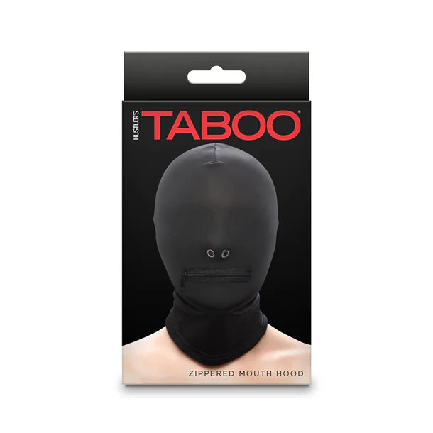 black hood with nose holes and zipper mouth on box cover
