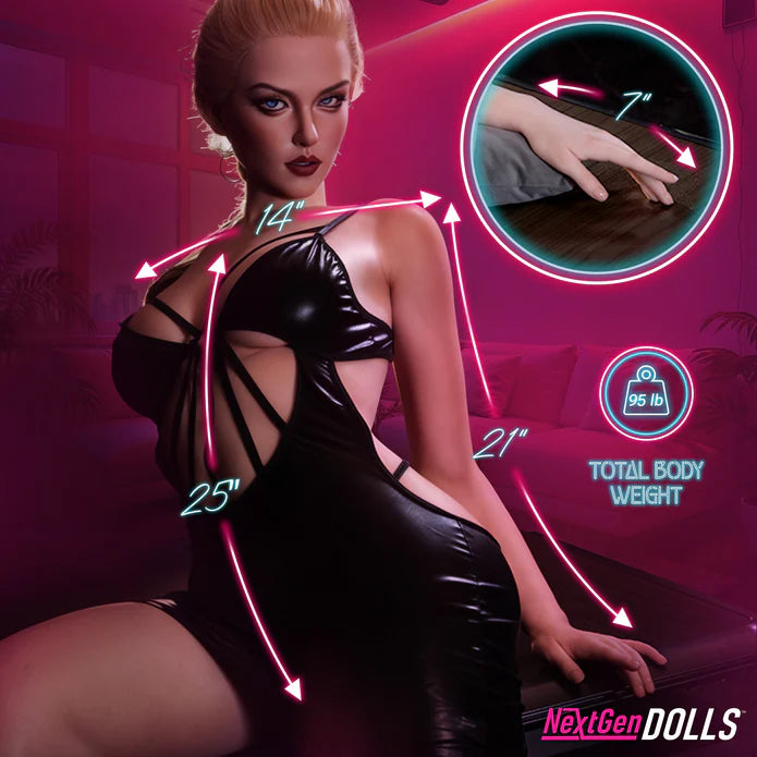 Sex doll with measurements and branding on a pink background