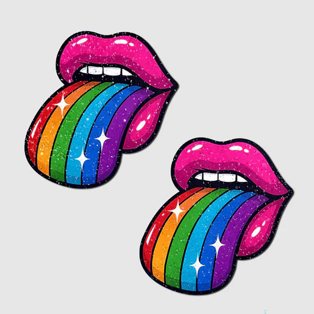 Two rainbow-colored lips with glitter on a light gray background