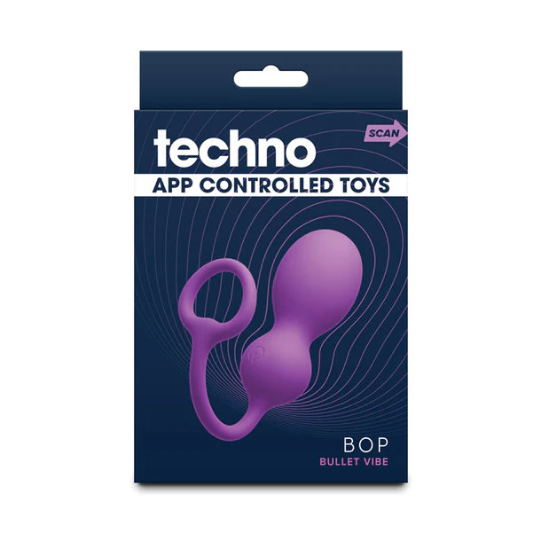 Packaging of techno app-controlled toys with a bop bullet vibrator on a dark blue background