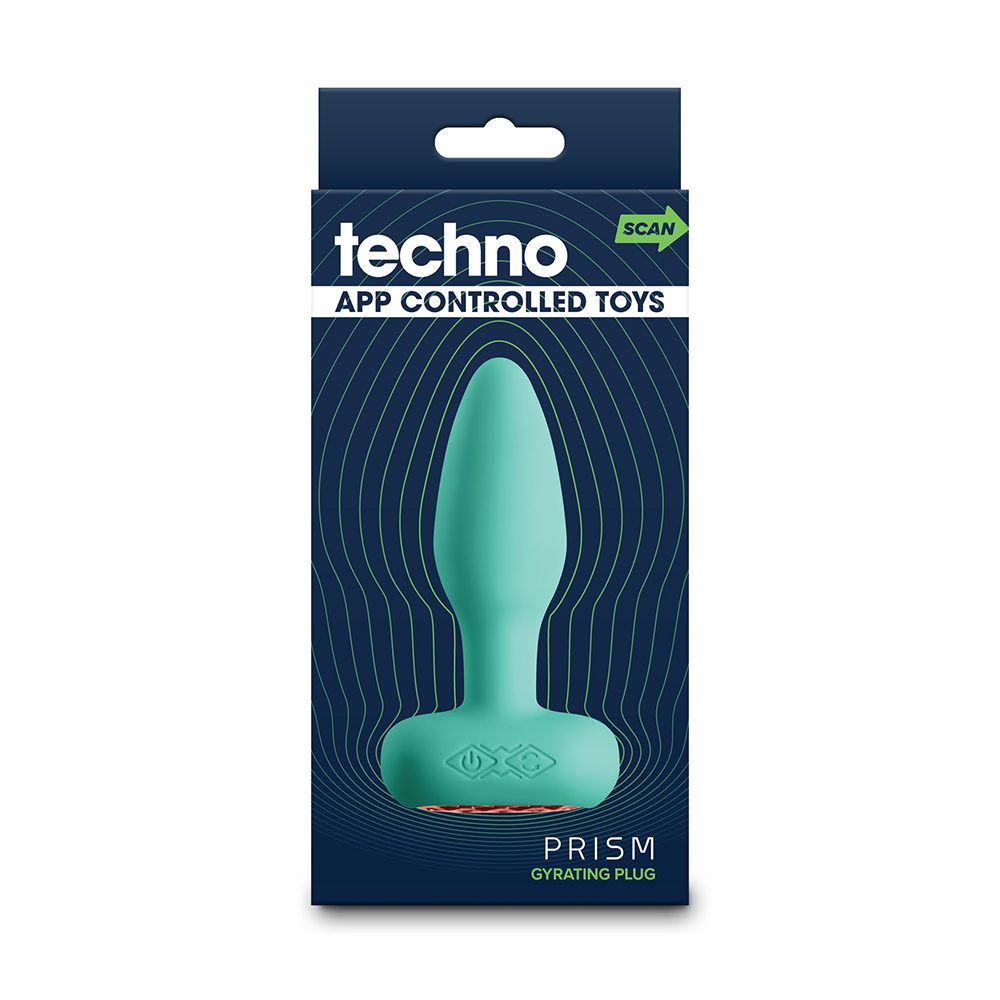 Packaged teal gyrating anal plug with 'techno' branding on a white background