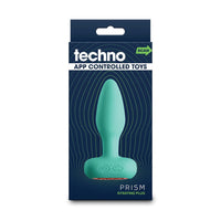 Packaged teal gyrating anal plug with 'techno' branding on a white background