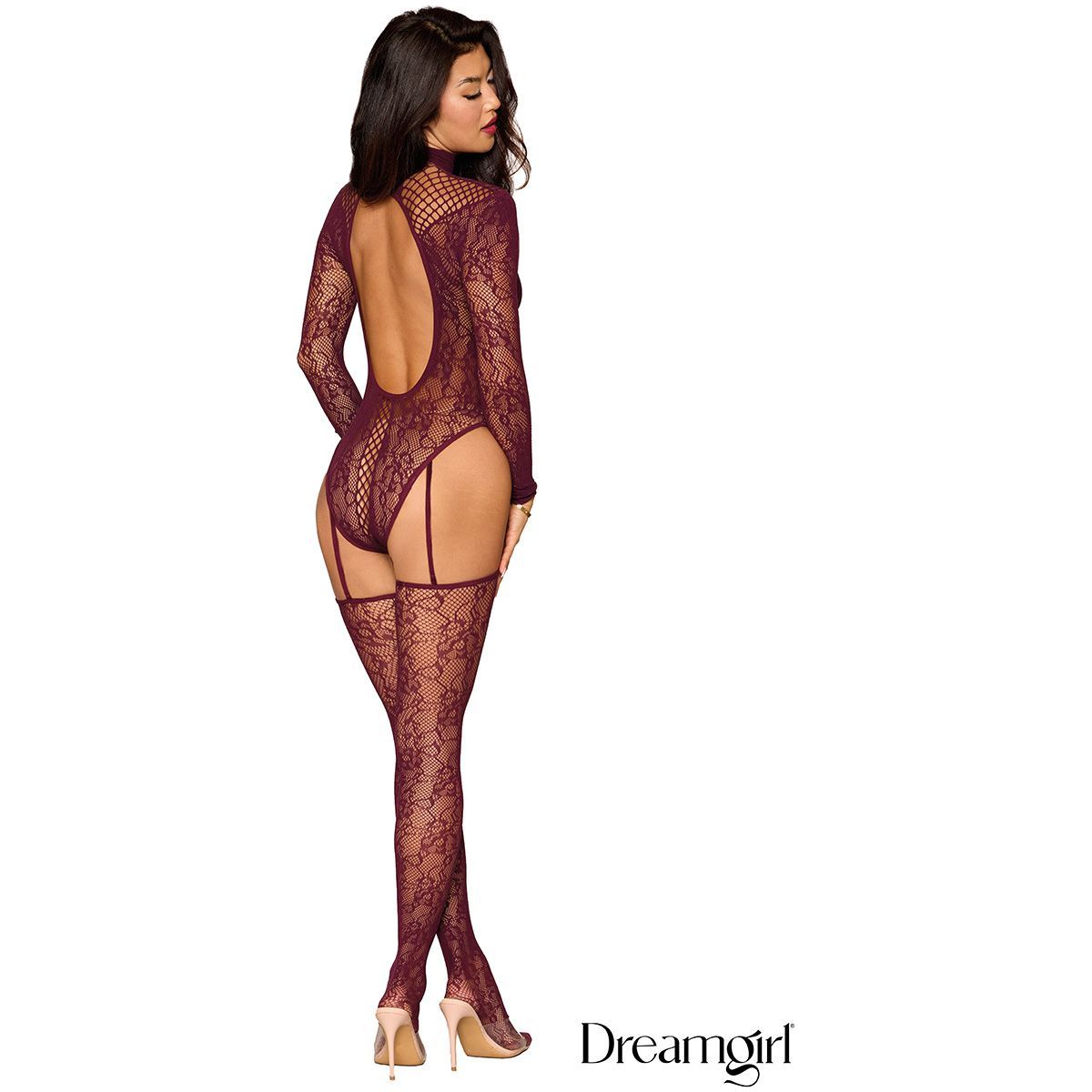 brunette female wearing Long-sleeved lace teddy a thong back and matching lace stockings attached by fixed elastic garters, 