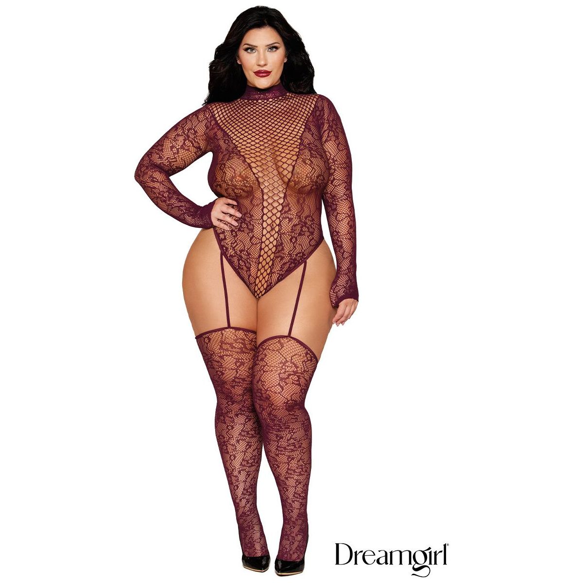 brunette female wearing Long-sleeved lace teddy with criss-cross elastics along the front, a high neckline with a snap neck closure, plus size