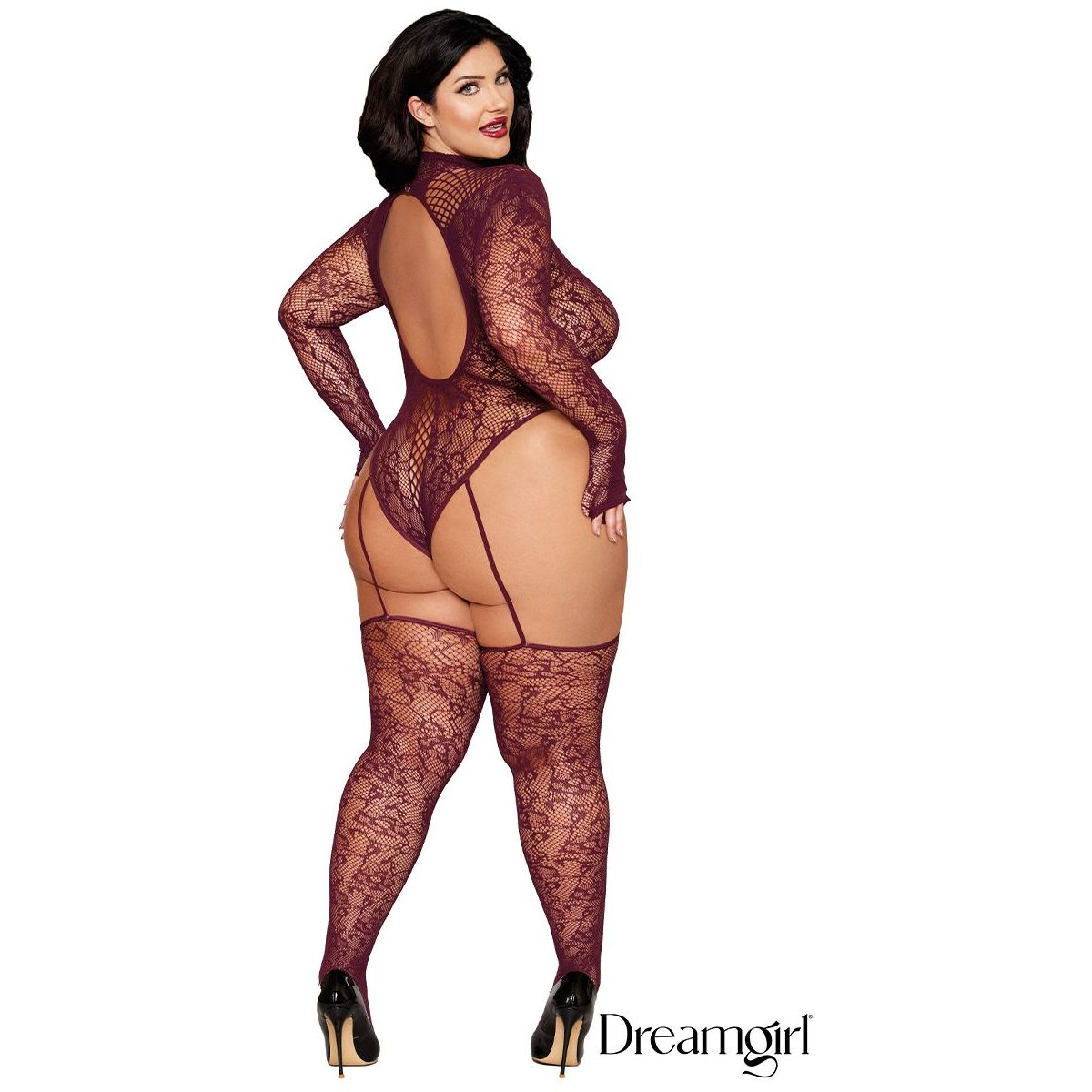 brunette female wearing Long-sleeved lace teddy a thong back and matching lace stockings attached by fixed elastic garters, plus size