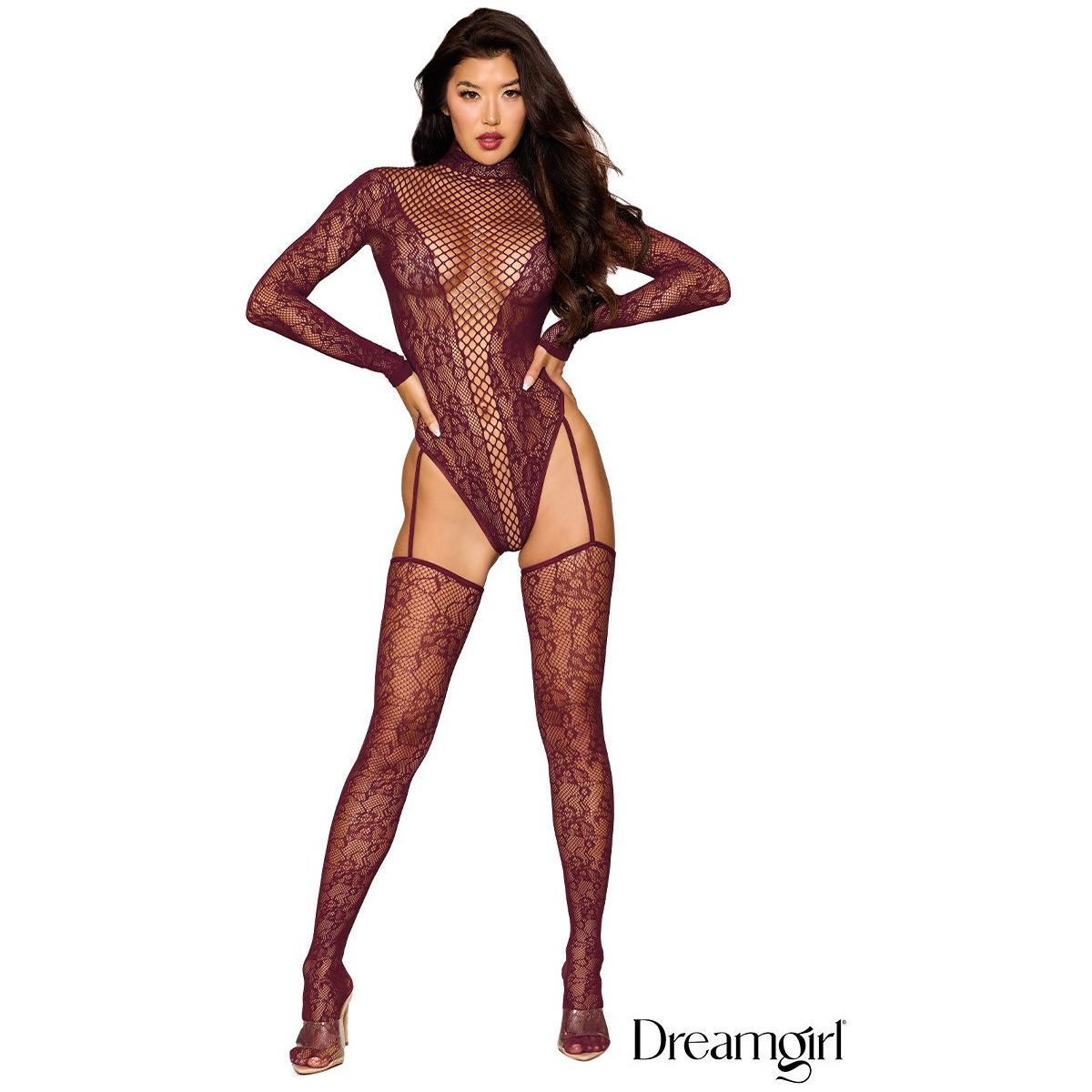 brunette female wearing Long-sleeved lace teddy with criss-cross elastics along the front, a high neckline with a snap neck closure