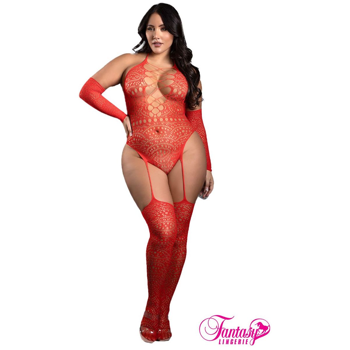 plus size female wearing Fishnet garter teddy with criss-cross elastics over the plunging neckline, a halter tie-neck collar and attached elastic garters linked to the matching thigh high stockings. in red, front view