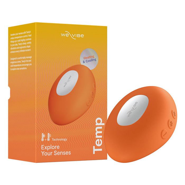 Orange temp toy with 'We-Vibe' branding next to its packaging on a white background
