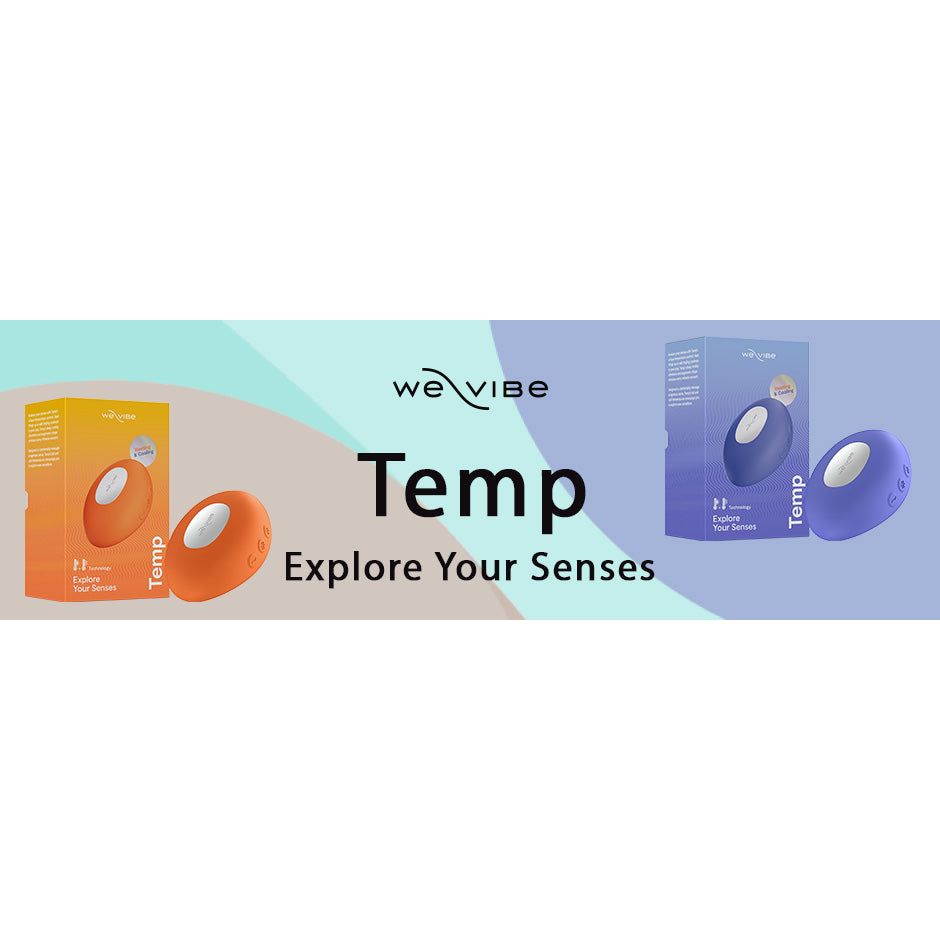 WeVibe Temp product packaging with orange and blue boxes on a gradient background