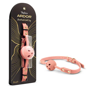 Temptasia Ardor Breathable Ball Gag by Blush in pink silicone with adjustable strap and ventilated gag design, shown alongside retail packaging and angled product view.