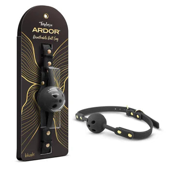 Temptasia Ardor Breathable Ball Gag by Blush in black silicone with adjustable strap and ventilated gag design, shown alongside retail packaging and angled product view.