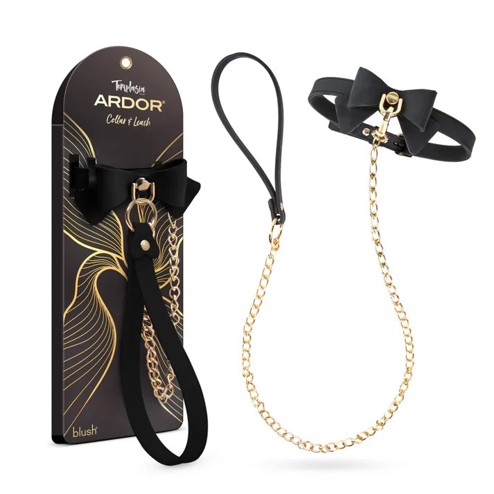 Temptasia Ardor Bow Collar and Leash by Blush featuring a black adjustable collar with decorative bow, matching leash, and gold-tone chain accents, shown alongside retail packaging.