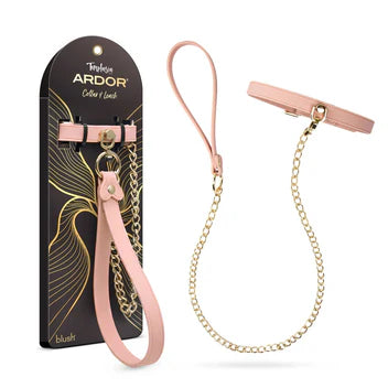 Temptasia Ardor Collar and Leash by Blush featuring a pink adjustable collar with matching leash and gold-tone chain accents, shown alongside retail packaging.
