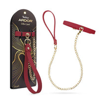 Temptasia Ardor Collar and Leash by Blush featuring a red adjustable collar with matching leash and gold-tone chain accents, shown alongside retail packaging.