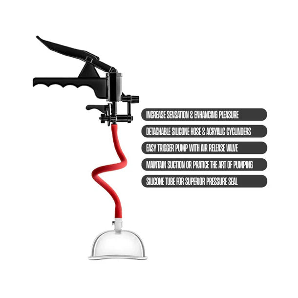 Black and red pussy pump with silicone hose on a white background