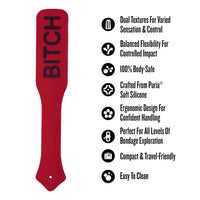 Temptasia Ardor Double-Sided Paddle by Blush in red silicone with bold “BITCH” lettering and feature icons highlighting dual textures, body-safe silicone, ergonomic handling, and easy-to-clean design.