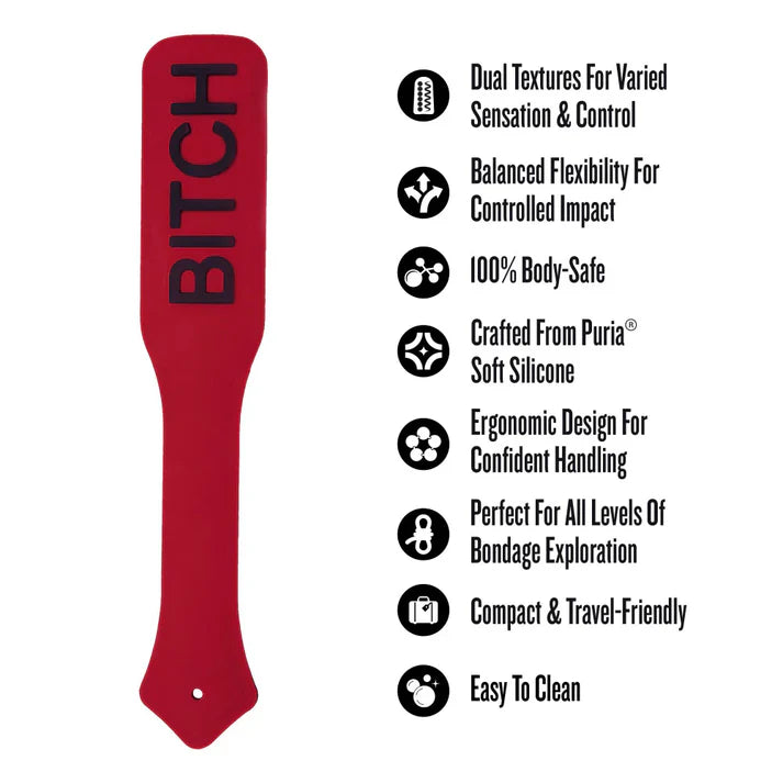 Temptasia Ardor Double-Sided Paddle by Blush in red silicone with bold “BITCH” lettering and feature icons highlighting dual textures, body-safe silicone, ergonomic handling, and easy-to-clean design.