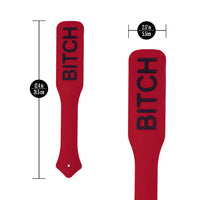 Temptasia Ardor Double-Sided Paddle by Blush in red silicone with “BITCH” lettering, displayed with product dimensions showing 12.4-inch length and 2.17-inch width.