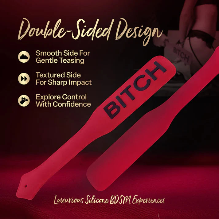 Temptasia Ardor Double-Sided Paddle by Blush promotional image featuring smooth and textured silicone paddle sides with text describing teasing, sharp impact, and BDSM play features.