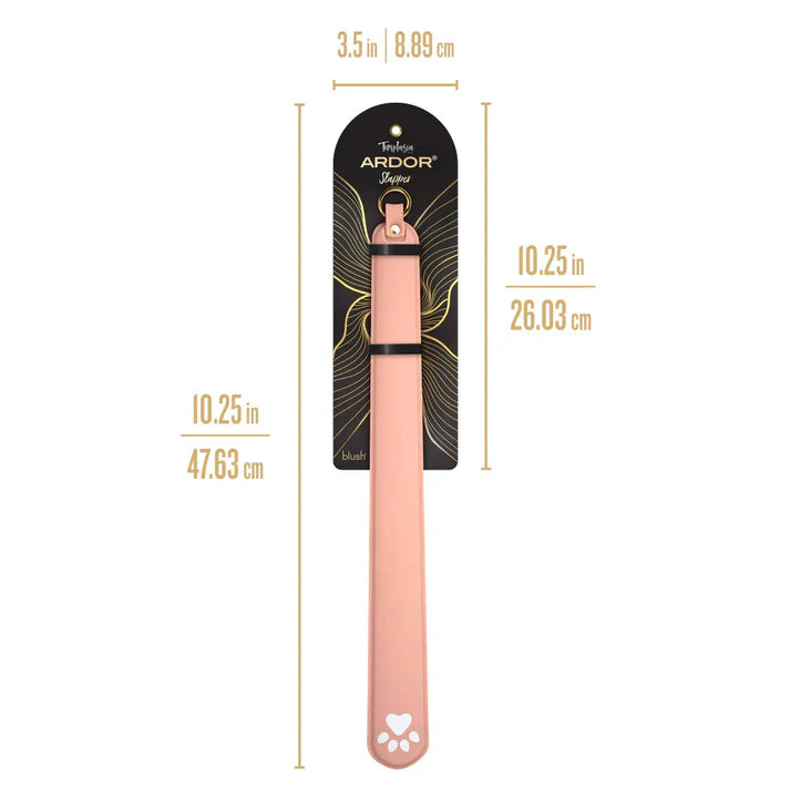 Temptasia Ardor Slapper by Blush silicone impact paddle displayed with product dimensions showing 10.25-inch length and 3.5-inch packaging width.